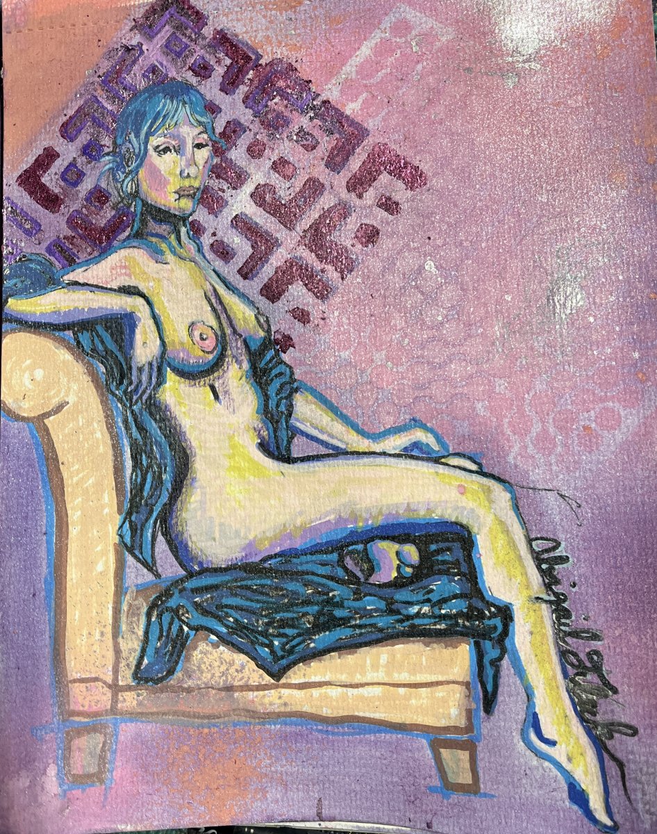 Lounging blue haired muse